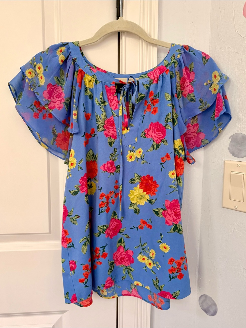 Blue Floral Off-Shoulder Tie-Neck Women's Top